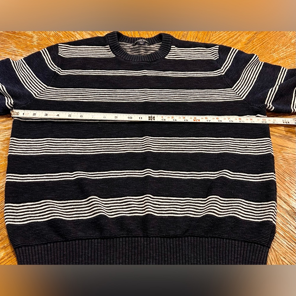 Lands End nautical maritime sweater cotton‎ linen blend navy blue white stripes - Picture 10 of 11